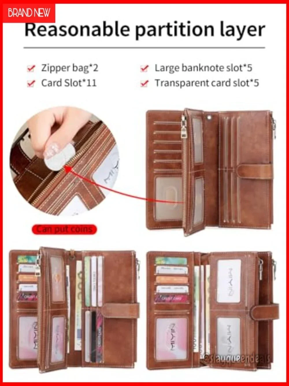 Slim RFID Blocking Bifold Wallet - 16 Card Slots, Zipper Pocket, PU Leather